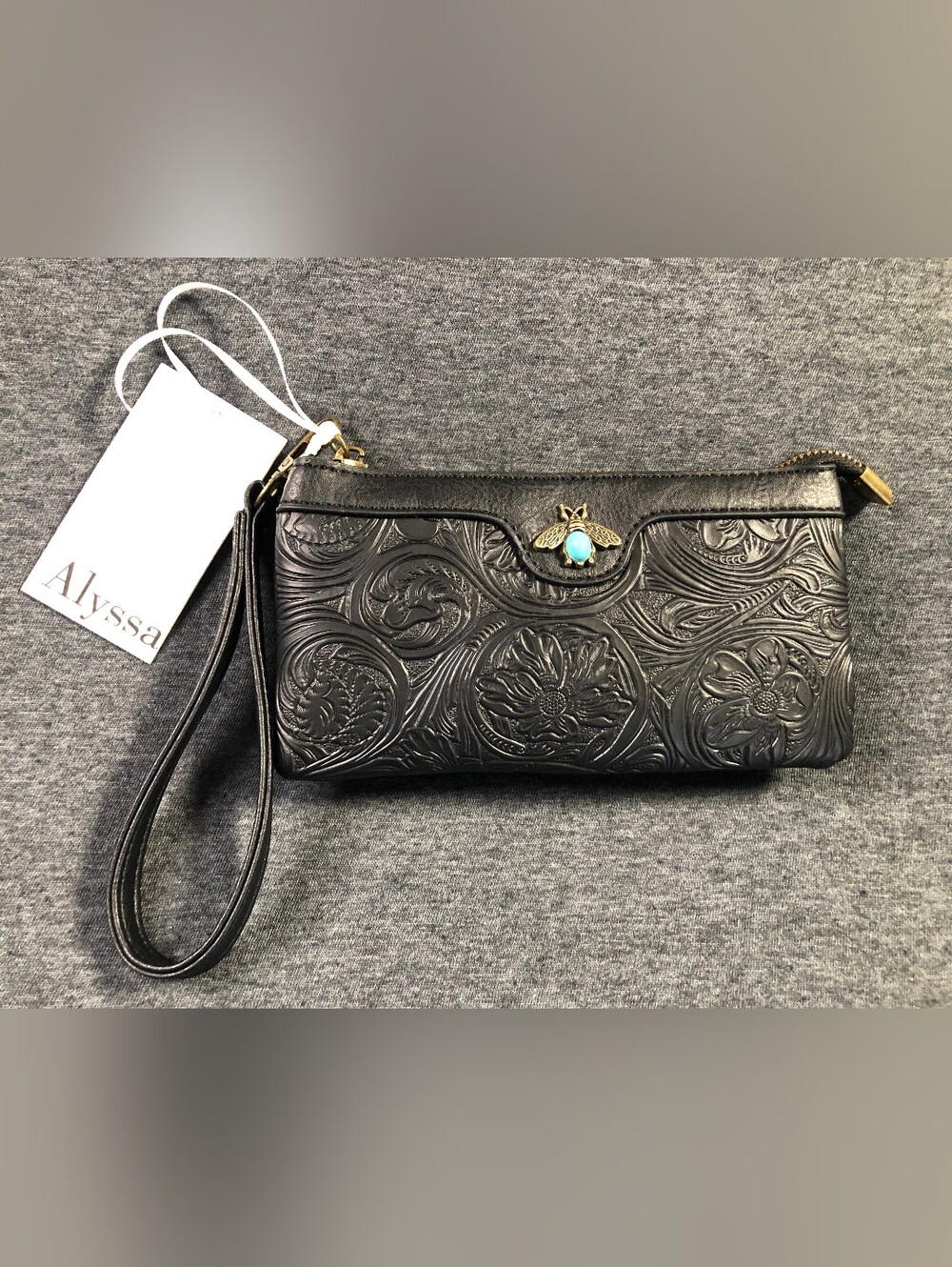 Black Embossed Vegan Leather Wristlet with Turquoise Bee Accent by Alyssa NWT